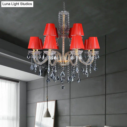 Vintage Red Cone Chandelier With Crystal Accents - 12 Head Bedroom Ceiling Lamp