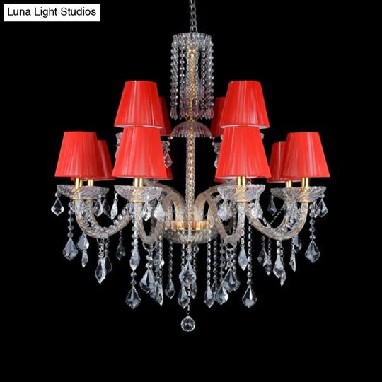 Vintage Red Cone Chandelier With Crystal Accents - 12 Head Bedroom Ceiling Lamp