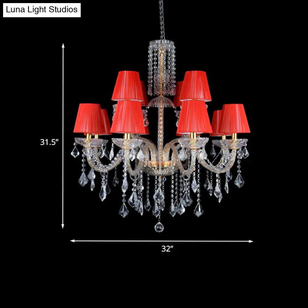 Vintage Red Cone Chandelier With Crystal Accents - 12 Head Bedroom Ceiling Lamp