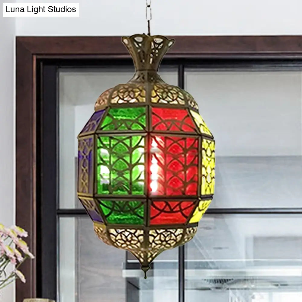 Vintage Red Metallic Lantern Pendant Lamp For Balcony Ceiling Lighting
