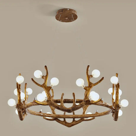 Vintage Resin Brown Led Chandelier Light - Antler Living Room Ceiling Lighting With Frosted Glass