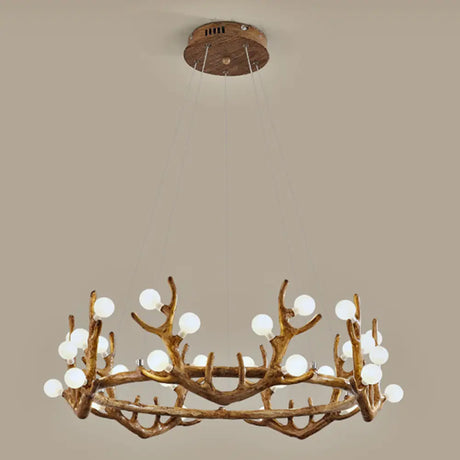 Vintage Resin Brown Led Chandelier Light - Antler Living Room Ceiling Lighting With Frosted Glass