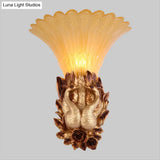 Vintage Resin Gold Wall Sconce Light With Ribbed Amber Glass Shade - Peacock Bedroom Lighting