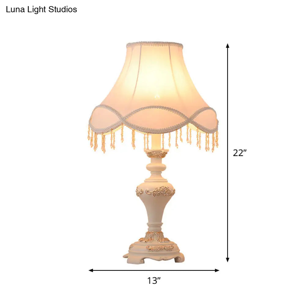Vintage Resin Urn Nightstand Lamp - White 1-Light Night Table Light With Fabric Shade And Drape