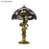 Vintage Resin Woman Carrying Pot Night Lamp With Tiffany Glass Shade - Bronze Table Lighting