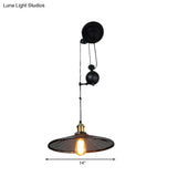 Vintage Retro Black Metal Suspension Lamp With Conic Shade - Pulley Ceiling Fixture
