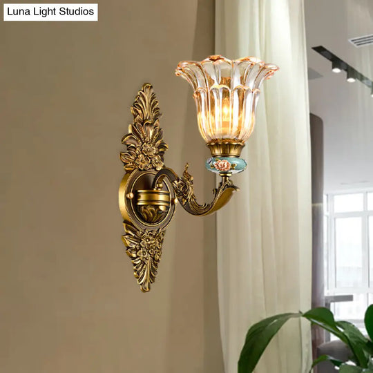 Vintage Ribbed Glass Flower Wall Sconce With Brass 1/2 Heads: Retro Style Mount Lamp