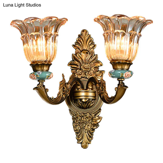 Vintage Ribbed Glass Flower Wall Sconce With Brass 1/2 Heads: Retro Style Mount Lamp