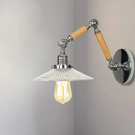 Vintage Ribbed Glass Saucer Wall Sconce With Extendable Wooden Arm For Study Room Lighting