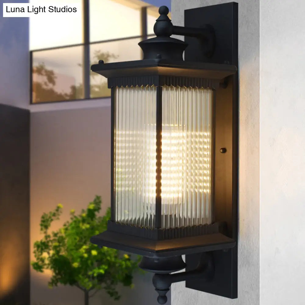 Vintage Ribbed Glass Wall Light Fixture For Yard - Single-Bulb Rectangle Lamp