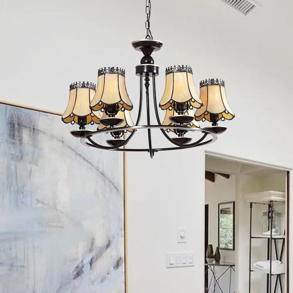 Vintage Ring Pendant Light With Tapered Glass Shade - 6 Yellow Chandelier Perfect For Hotels