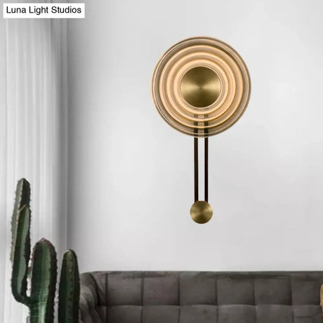 Vintage Rippled Glass Oriental Gong Bell Flush Wall Sconce Antiqued Gold Lounge Fixture