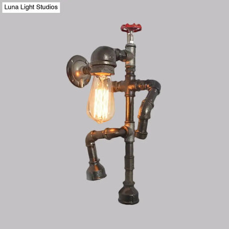 Vintage Robot Sconce Light With Exposed Bulb And Red Valve - Bronze Finish For Hallway Wall Lighting