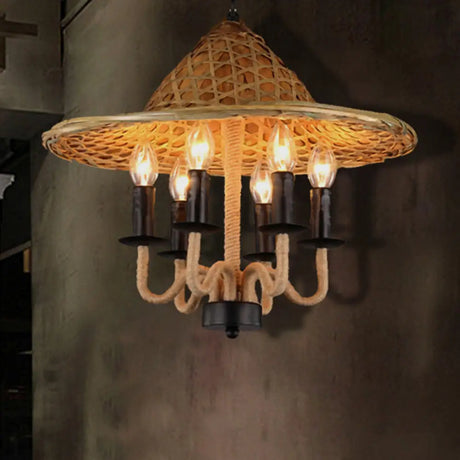 Vintage Rope 6-Light Black Candle Pendant Chandelier For Dining Room - Elegant Hanging Fixture