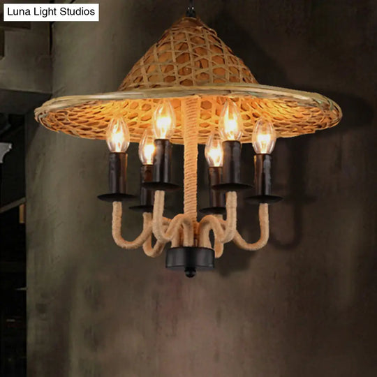 Vintage Rope Pendant Chandelier: 6-Light Black Hanging Fixture For Candle Dining Room With Cap