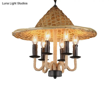 Vintage Rope 6-Light Black Candle Pendant Chandelier For Dining Room - Elegant Hanging Fixture