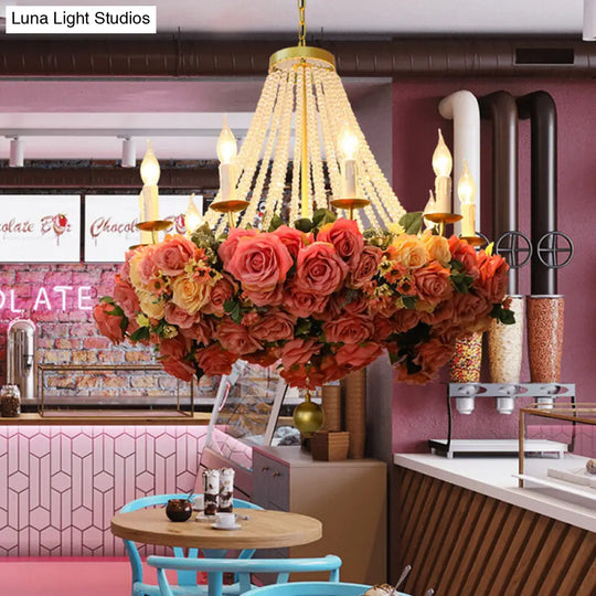 Vintage 10-Bulb Rose Metal Chandelier In Pink For Restaurants
