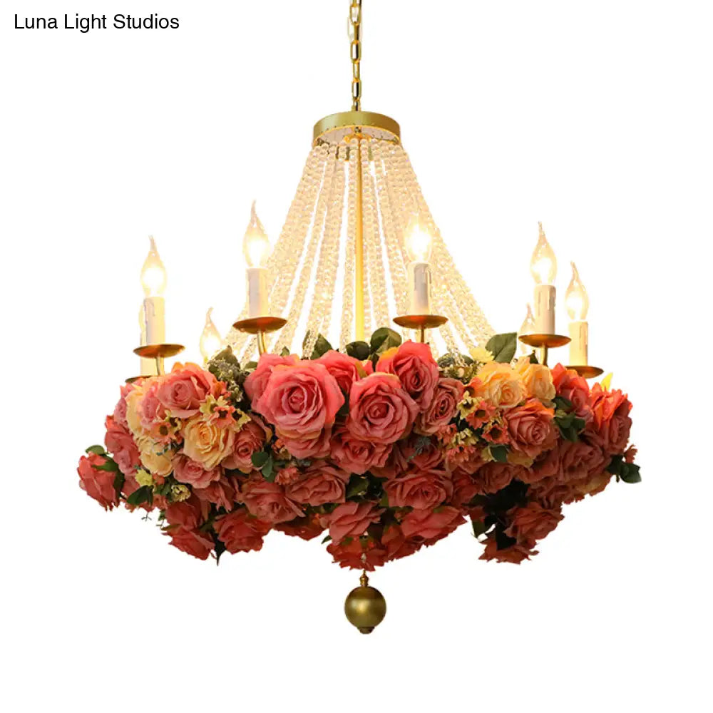 Vintage Rose Chandelier: 10-Bulb Metal Pendant Light In Pink - Ideal For Restaurants