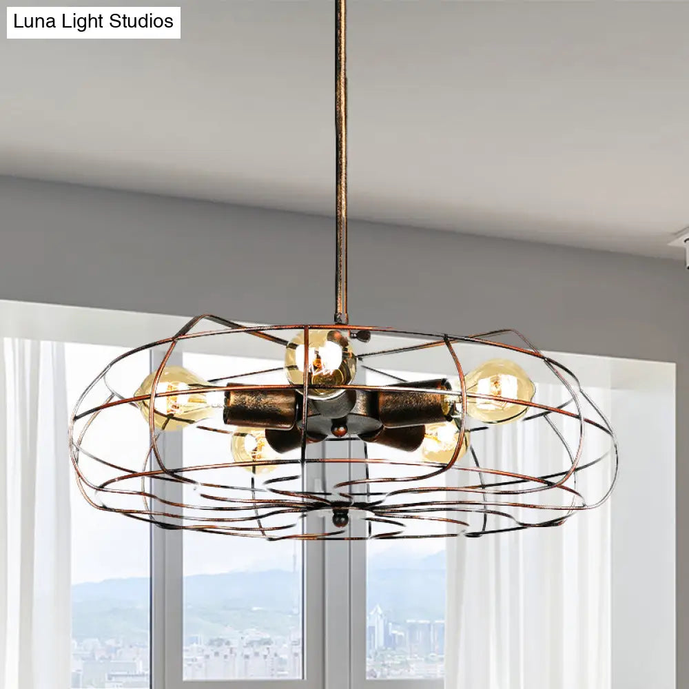 Vintage Round Cage Pendant Chandelier Lamp - 5 Bulbs Wrought Iron Black/Rust Finish