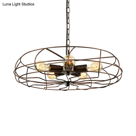 Vintage Round Cage Pendant Chandelier Lamp - 5 Bulbs Wrought Iron Black/Rust Finish