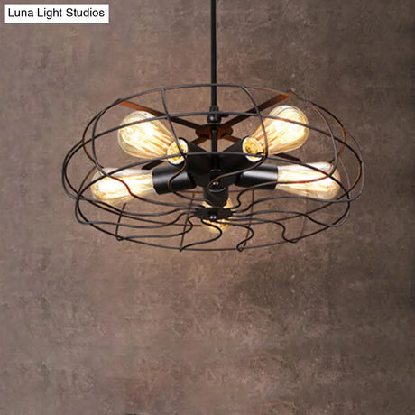 Vintage Round Cage Pendant Chandelier Lamp - 5 Bulbs Wrought Iron Black/Rust Finish
