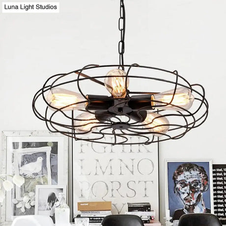 Vintage Round Cage Pendant Chandelier Lamp - 5 Bulbs Wrought Iron Black/Rust Finish