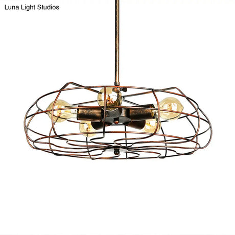Vintage Round Cage Pendant Chandelier Lamp - 5 Bulbs Wrought Iron Black/Rust Finish