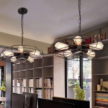 Vintage Round Cage Pendant Chandelier Lamp - 5 Bulbs Wrought Iron Black/Rust Finish Rust / Chain