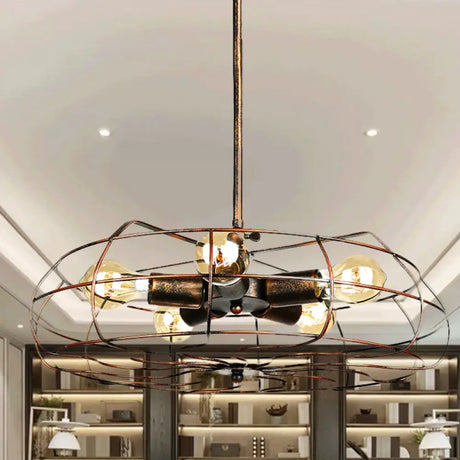 Vintage Round Cage Pendant Chandelier Lamp - 5 Bulbs Wrought Iron Black/Rust Finish Rust / Hanging