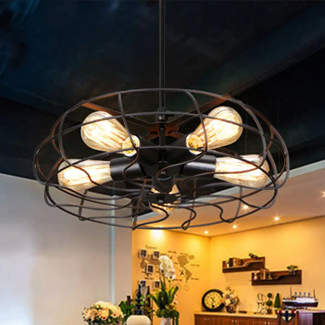 Vintage Round Cage Pendant Chandelier Lamp - 5 Bulbs Wrought Iron Black/Rust Finish Black / Hanging