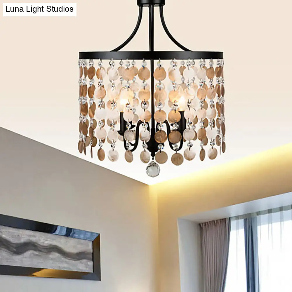 Vintage Round Chandelier Light Metal & Shell | 4-Light Suspension Black For Bedroom