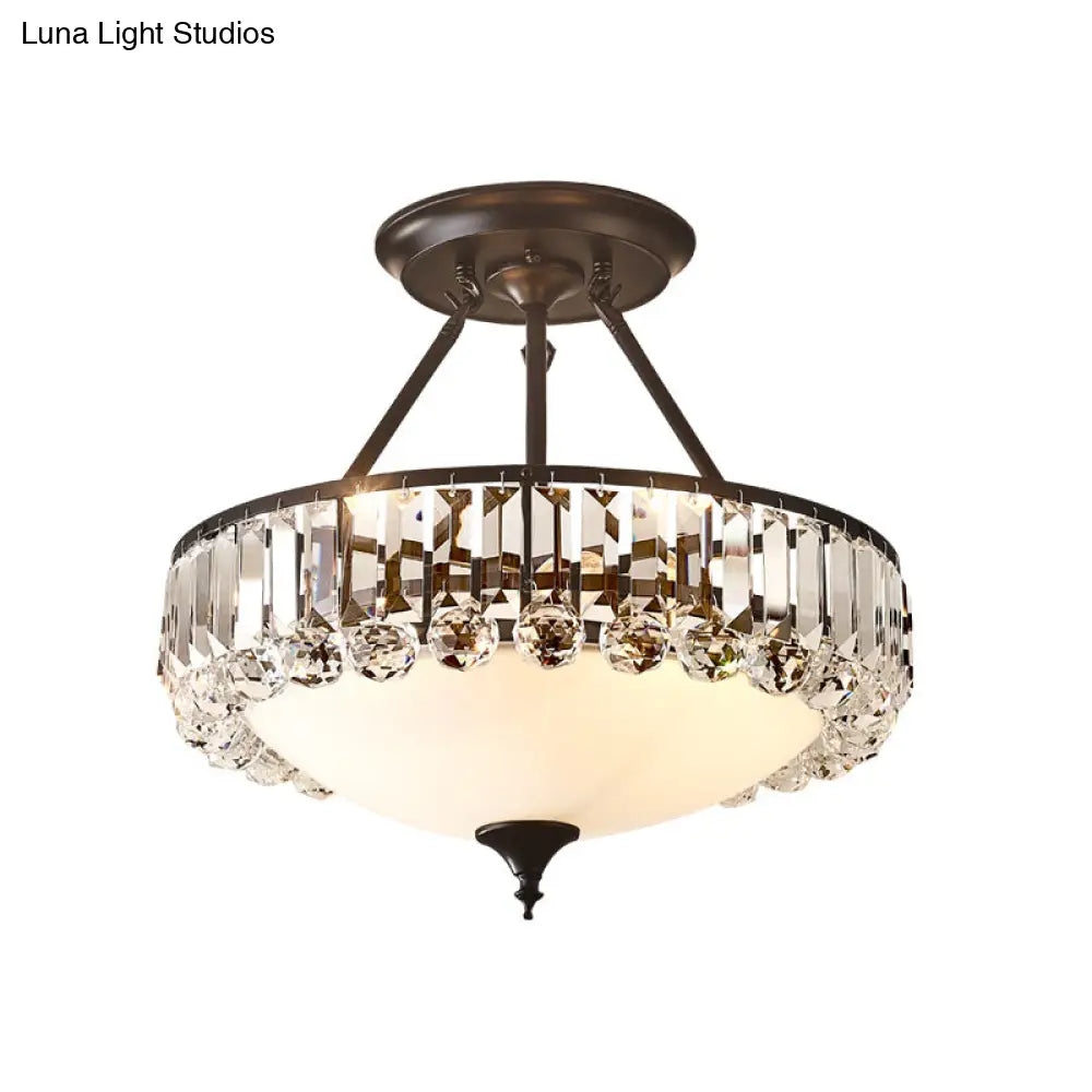 Vintage Round Semi Flush Ceiling Light - Clear K9 Crystal & Milk Glass 4 Lights Black Finish