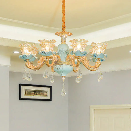 Vintage Ruffle Glass Flower Chandelier With Hanging Crystal - Blue Pendant Light For Living Room 10