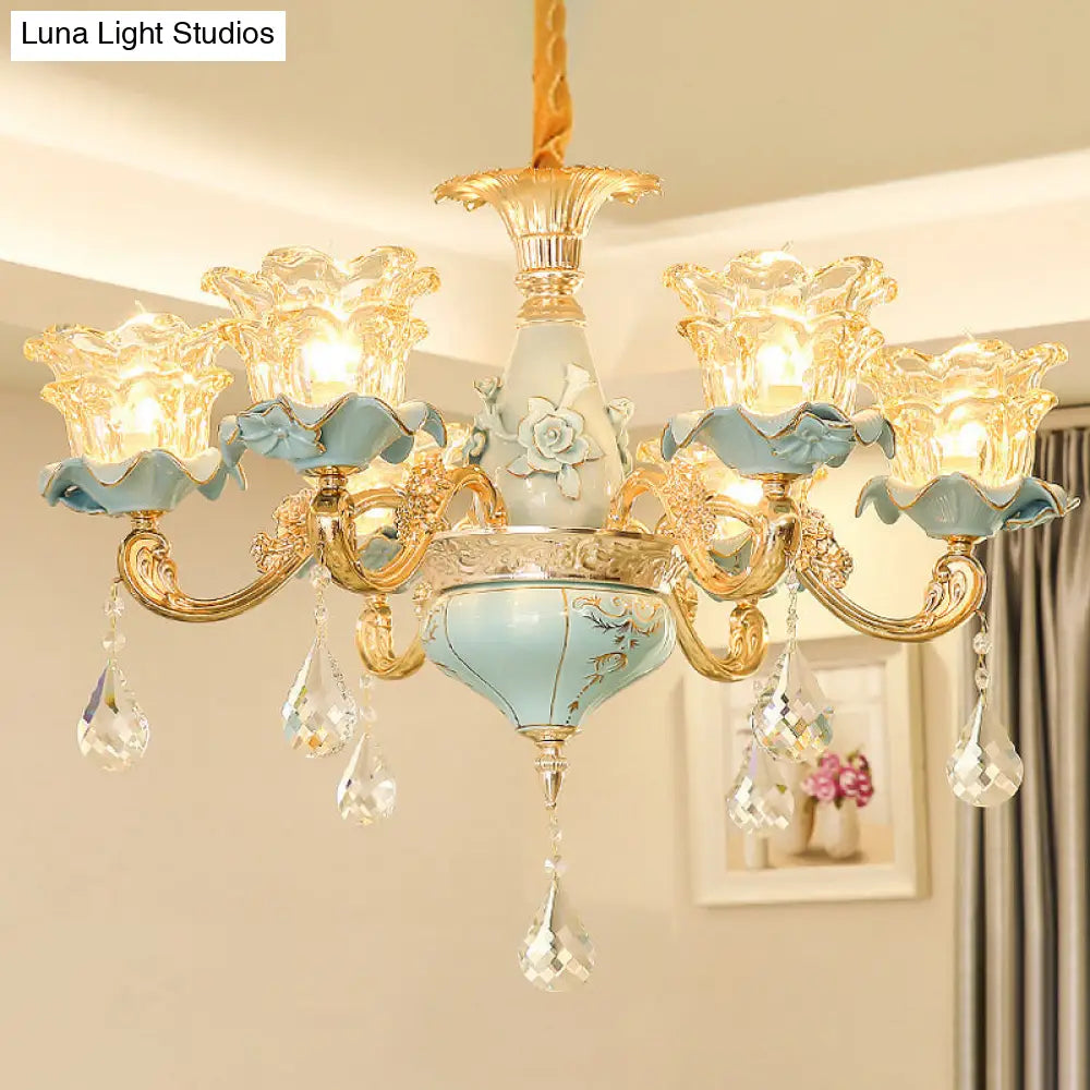 Vintage Ruffle Glass Flower Chandelier With Hanging Crystal - Blue Pendant Light For Living Room