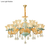 Vintage Ruffle Glass Flower Chandelier With Hanging Crystal - Blue Pendant Light For Living Room