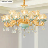 Vintage Ruffle Glass Flower Chandelier With Hanging Crystal - Blue Pendant Light For Living Room