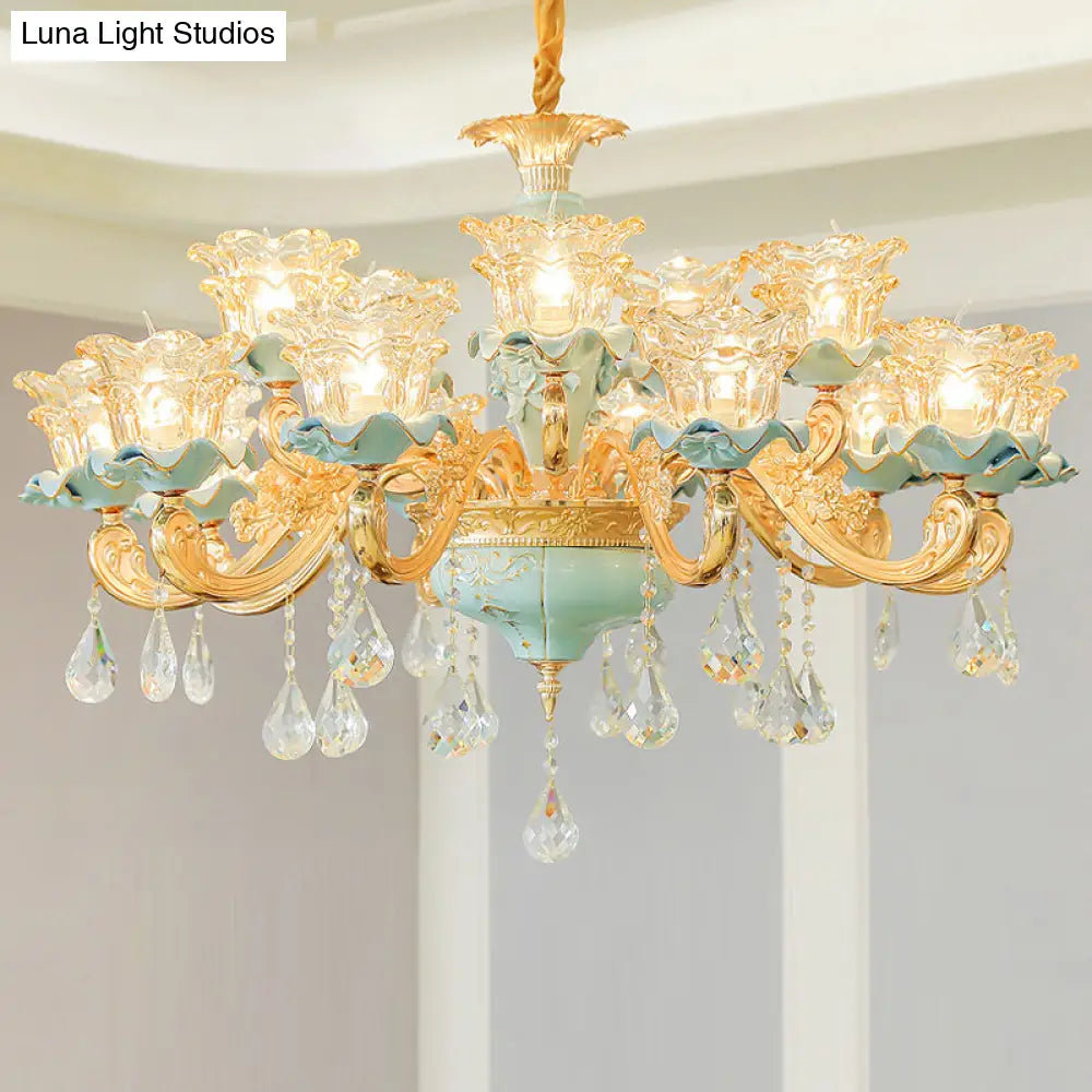 Vintage Ruffle Glass Flower Chandelier With Hanging Crystal - Blue Pendant Light For Living Room