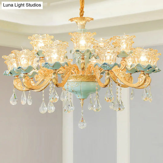 Vintage Ruffle Glass Flower Chandelier With Hanging Crystal - Blue Pendant Light For Living Room