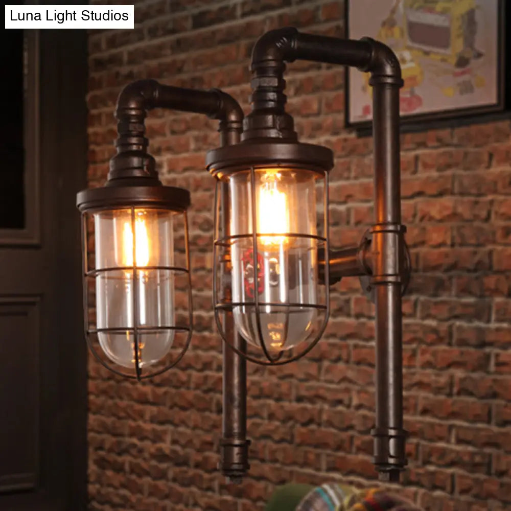 Vintage Rust Elongated Dome Wall Light Fixture With Clear Glass 2 Heads And Metallic Cage - Ideal