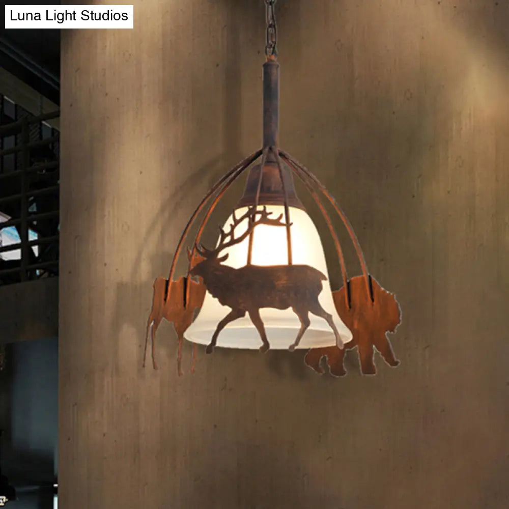 Vintage Rust Opal Glass Pendant Light With Elk Cage - 1 Bell Shade Ceiling Lamp