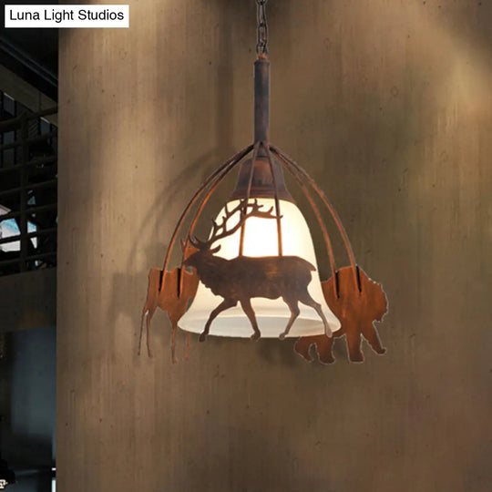Vintage Rust Opal Glass Pendant Light With Elk Cage - 1 Bell Shade Ceiling Lamp