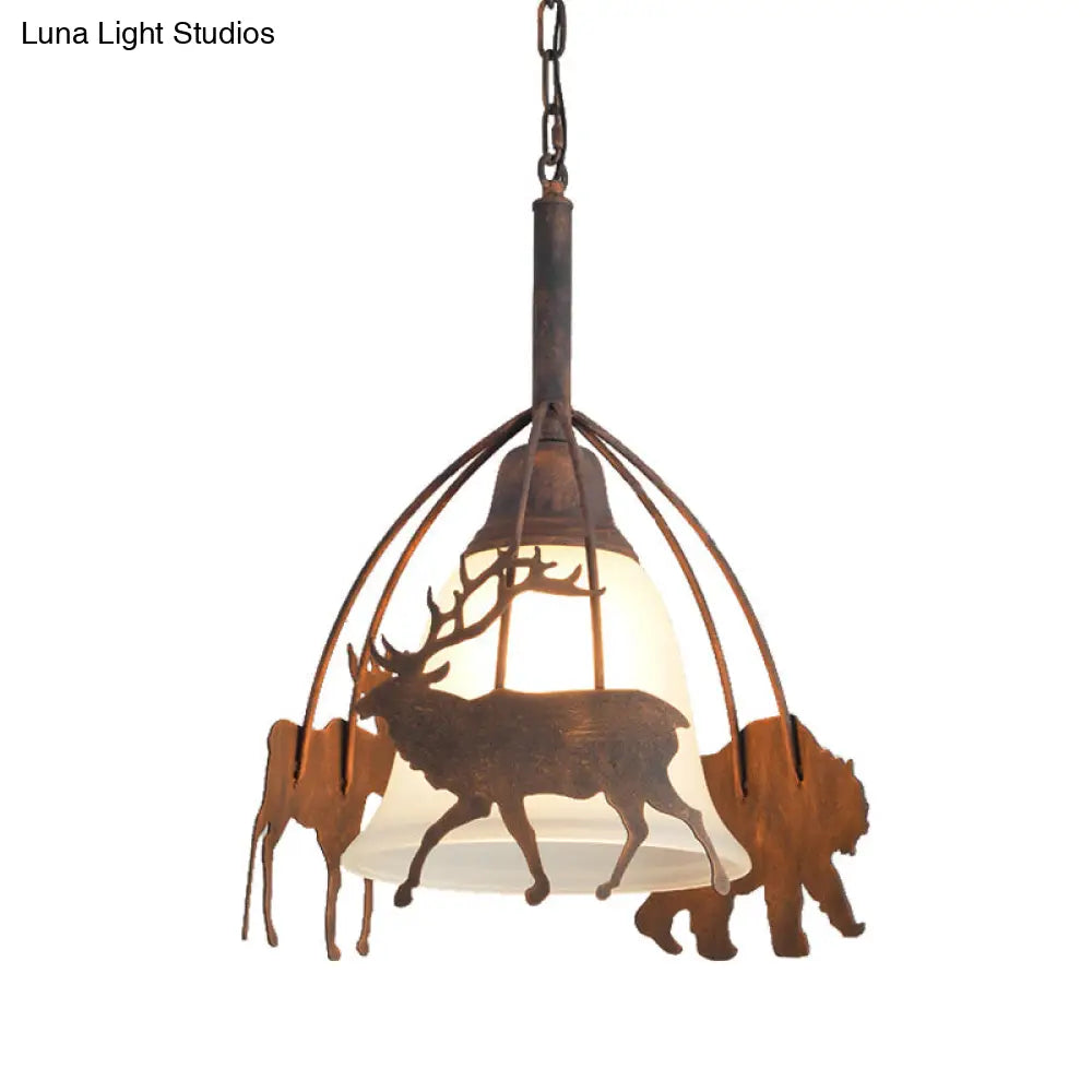 Vintage Rust Opal Glass Pendant Light With Elk Cage - 1 Bell Shade Ceiling Lamp