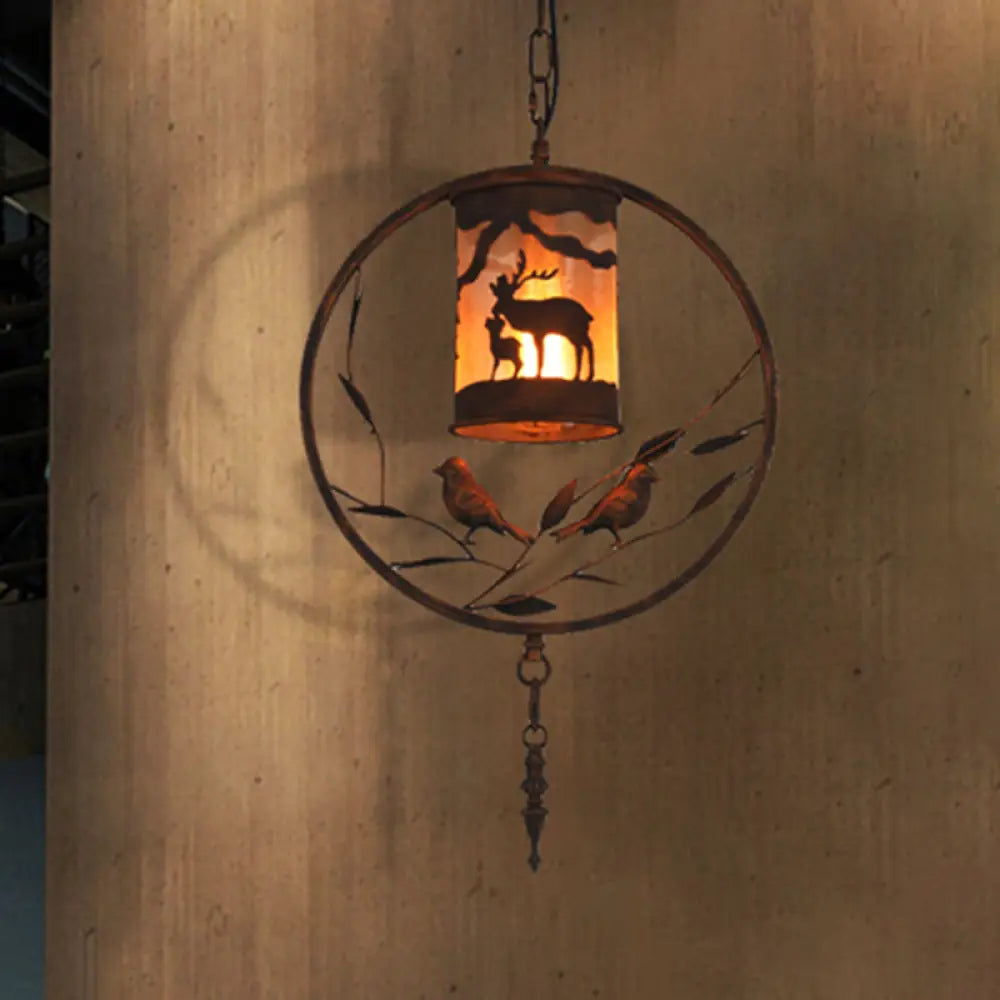 Vintage Rustic Cylinder Wall Sconce With Fabric Bird Accent - 1-Light Metal Lamp For Dining Room 1