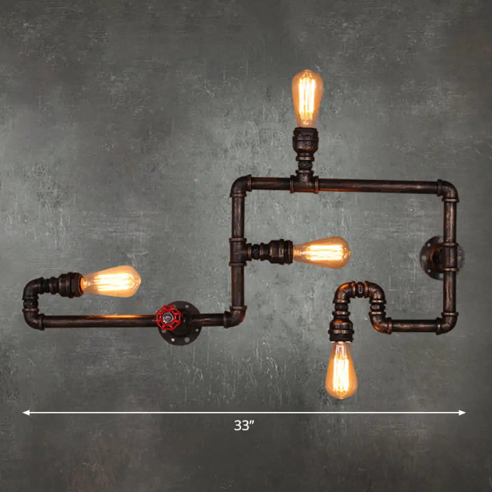 Vintage Rustic Iron Pipe Wall Light Fixture With 4 Lights And Valve Handle For Restaurants Rust