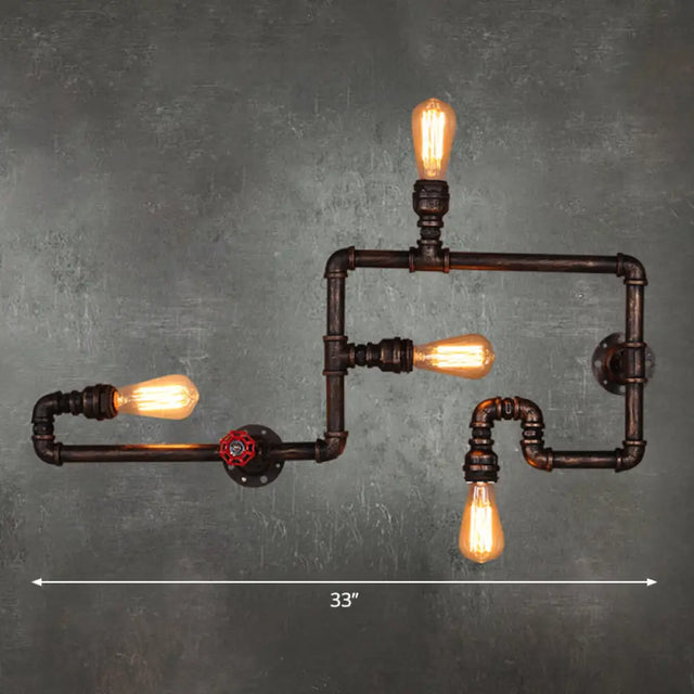 Vintage Rustic Iron Pipe Wall Light Fixture With 4 Lights And Valve Handle For Restaurants Rust