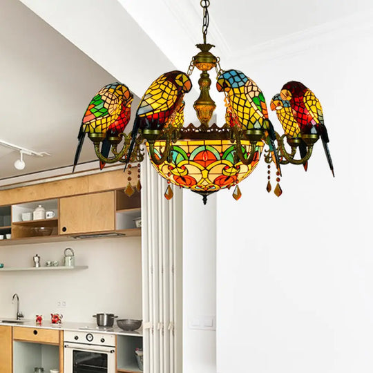 Vintage Rustic Parrot Chandelier With 9 Stained Glass Shades Yellow For Villa
