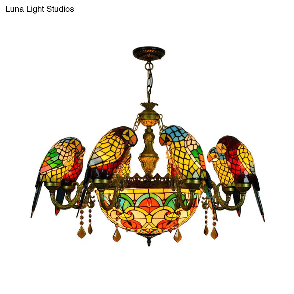 9-Light Parrot Armed Rustic Stained Glass Chandelier In Yellow For Villa