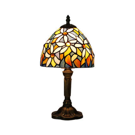 Vintage Rustic Stained Glass Table Lighting With Bronze Stand - Coffee Shop Décor / Flower