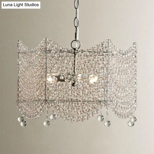 Vintage Scallop Suspension Chandelier With Crystal Beads - Silver Finish 3 Bulbs