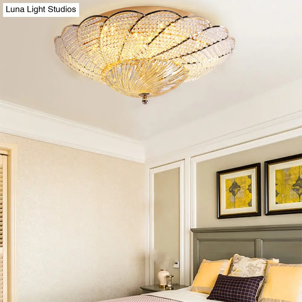 Vintage Scalloped Flush Light With Crystal Beads In Gold - 13’/16.5’/20.5’ W Yellow/White